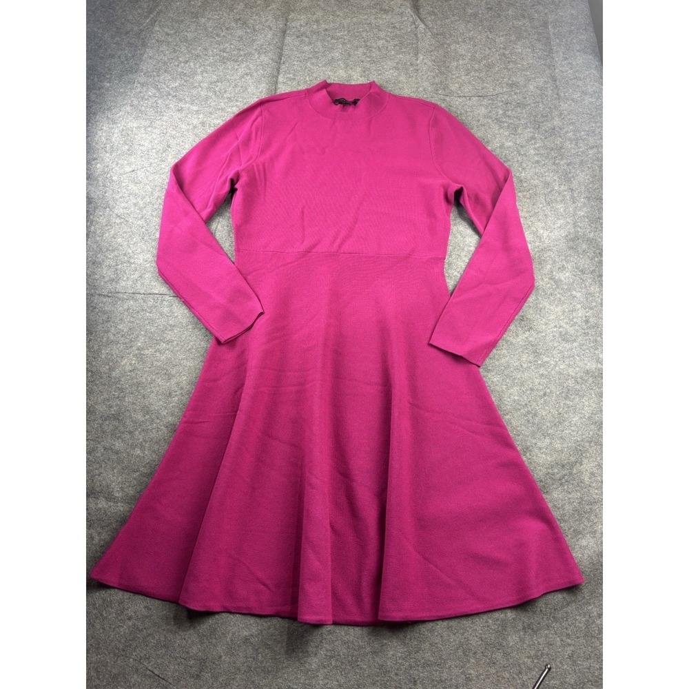 Ann Taylor Womens L Hot‎ Pink Fit & Flare Sweater Dress MIDI Longsleeve Preppy